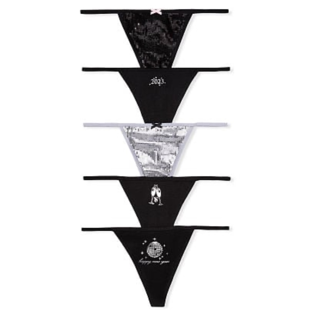 Victoria's Secret Stretch Cotton V-String Panties Pack of 5 New Years Large NEW